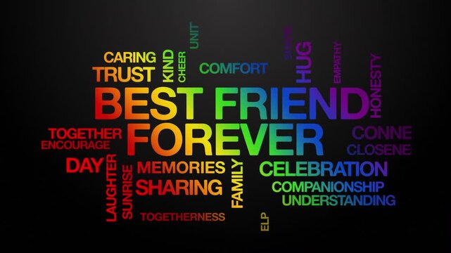 Best friend forever BFF concept Animated Tag Word Cloud kinetic typography, Text Design Animation typography seamless loop video motion graphics Intro Wordart arrangement rainbow type on black backdro