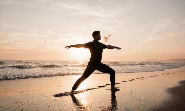 Yoga beach sunrise man performing warrior pose on wet sand at sunset with footprints and ocean waves copy space
