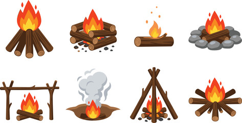Campfire and Bonfire Icon Set with Different Wood Log Arrangements Stones Smoke Pit and Fire structures Vector Illustration Isolated on White Background © Lota