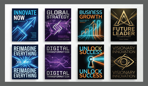 Set of abstract business and technology flyers with futuristic designs and motivational slogans for innovation and growth future leader digital transformation unlock success business