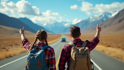 Fototapeta premium Two young travelers with backpacks give thumbs up on empty highway. Couple hitchhikes near snowy mountains. Friends start road trip adventure. Couple seeks transport on scenic route.