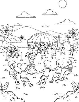 Children playing joyfully with a large parachute outdoors.
