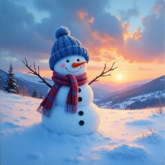 Fototapeta premium Happy snowman with blue hat and scarf stands on snowy hill at sunset. Winter landscape with mountains and cloudy sky. Peaceful and festive mood.