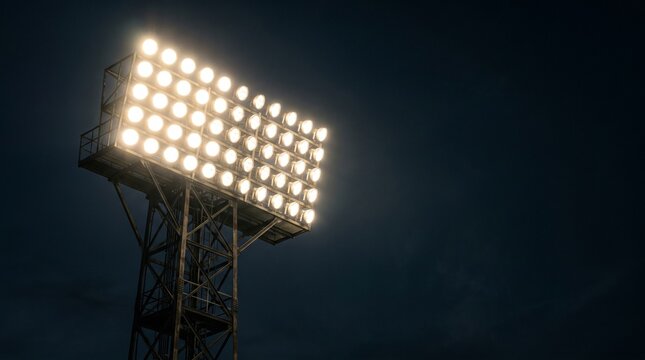 Massive Stadium Floodlight Tower Illuminated Against a Dark Night Sky