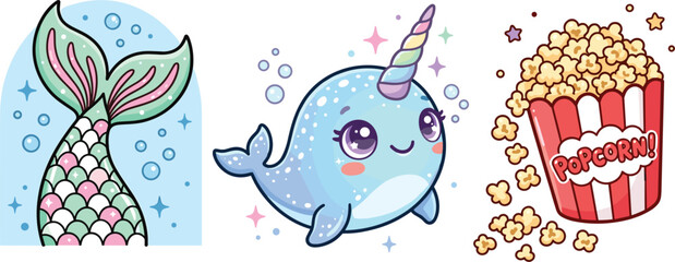 Cute Kawaii Sticker Vector Set Featuring Pastel Mermaid Tail Cute Narwhal with Unicorn Horn and Red Striped Popcorn Box for Kids Decorative Graphic Designs © Md