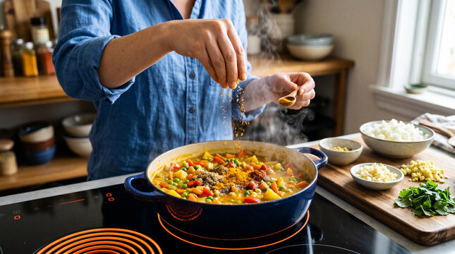 明るいキッチンで、IHコンロの上の鍋に色鮮やかなスパイスを手で振りかけて野菜カレーを調理する様子。湯気が立ち上る丁寧な暮らしとヘルシーな手料理のライフスタイル。
