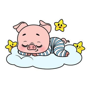 Cute cartoon pink baby pigglet sleep on cloud pillow on a white background