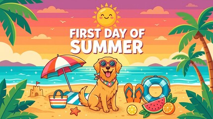 Obraz premium Cute dog celebrating the first day of summer with beach accessories flip flops tropical leaves life preserver