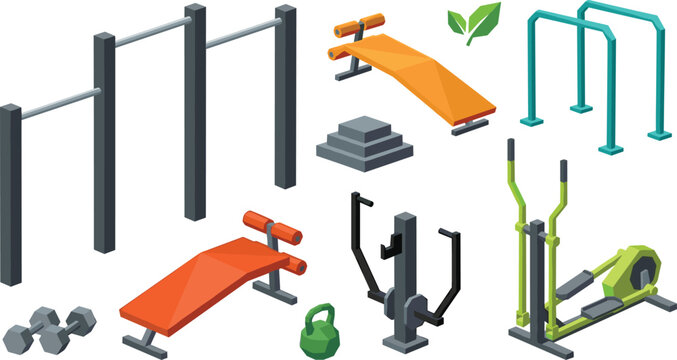Outdoor Fitness and Gym Equipment Vector Icon Set Featuring Pull Up Bar, Exercise Bench, Elliptical Trainer and Calisthenics Workout Collection