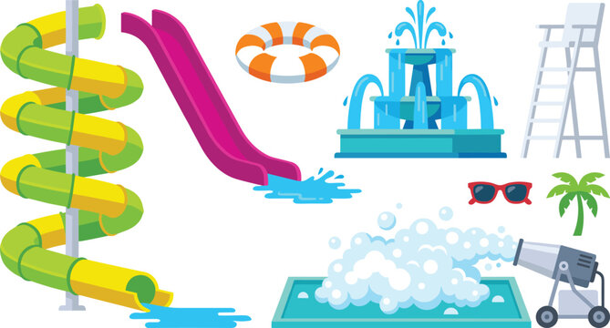 Water Park and Summer Recreation Vector Icon Set Featuring Spiral Waterslide, Swimming Pool, Fountain, Lifeguard Chair and Aquatic Fun Collection