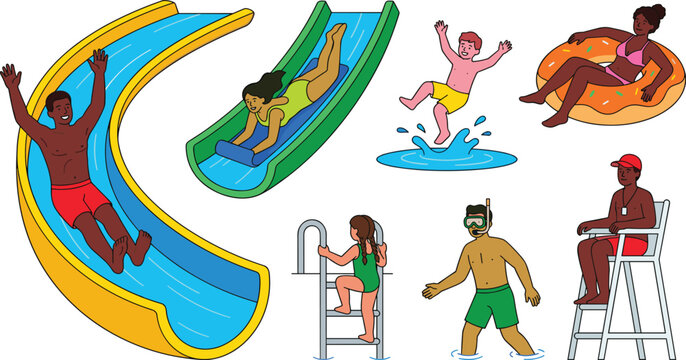 Water Park and Summer Recreation Vector Icon Set Featuring Waterslides, Swimming Activities, Lifeguard Supervision and Aquatic Fun Collection
