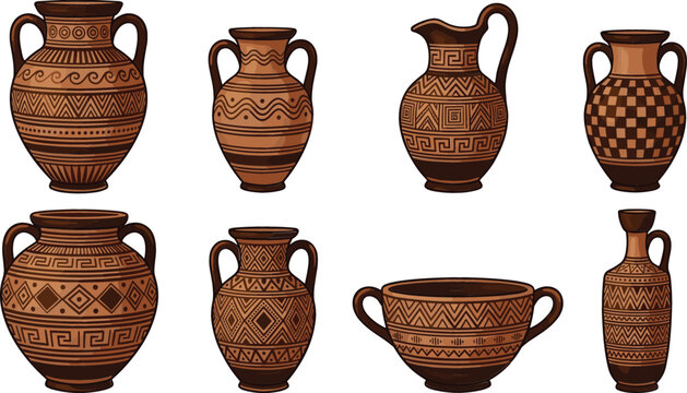 Ancient Greek Pottery Vector Set Featuring Traditional Terracotta Vases Amphoras and Urns with Antique Geometric Ornaments for History and Cultural Designs