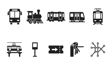 Collection of black and white public transportation featuring bus, steam train, subway car, tram, elevated train, transit sign, ticket, turnstile gate, and network map symbols © Vector Vault