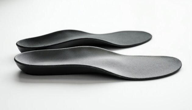 Pair of black orthotic insoles for shoes, designed to support foot arches. They help correct posture and alleviate foot pain for walking and running.