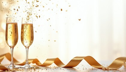 Obraz premium Two champagne glasses filled with bubbly liquid and gold confetti falling. Golden ribbon waves across frame. Celebration concept for holidays, events, and parties.