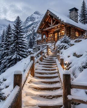 Beautiful Snow Covered Wooden Staircase Leading To A Traditional Winter Log Cabin Mountain Resort Landscape