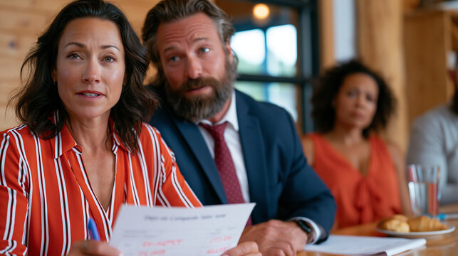 Real estate agent circles days-on-market figures in red on printed comparable sales sheet, buyers seated across conference table looking uneasy, negotiation counteroffer letter waiting beside a glas