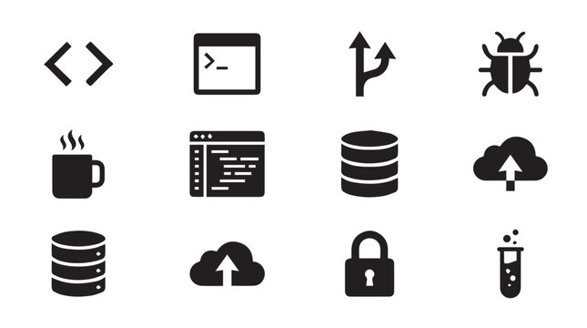 Set of black software development and programming featuring code brackets, terminal command prompt, branching arrows, bug, coffee mug, database, cloud upload, and a laboratory flask