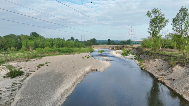 River drought wetland, swamp Becva drone aerial pond drying up very meander the soil cracked stream crust earth climate change, environmental disaster and earth cracks very, death for plants and