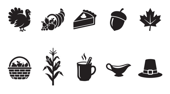 Thanksgiving holiday themed set featuring a turkey, cornucopia, pumpkin pie, acorn, maple leaf, harvest basket, corn stalk, hot drink, gravy boat, and a pilgrim hat