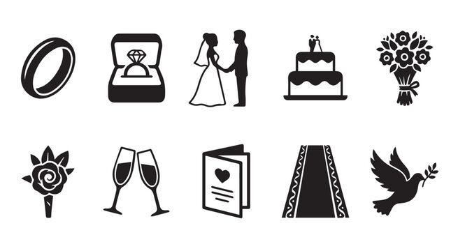 Wedding and marriage celebration in black silhouette style, featuring rings, a bride and groom, wedding cake, bouquet, champagne flutes, and a dove on a white background