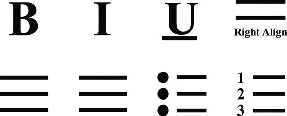 Capital letters b i u with lines for text formatting and list examples Vector © MstSabrina