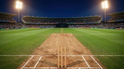 Fototapeta premium Cricket stadium with wickets and field at night under floodlights