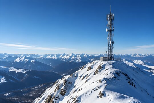 Cell Tower On Snow Covered Mountain Peak With Panoramic View And Clear High Altitude Air