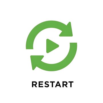 Green circular restart button with arrow symbol.
