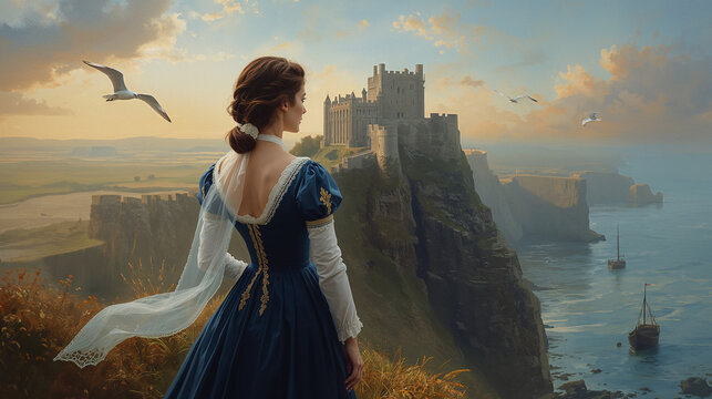 Young woman in blue vintage dress looking at cliffside castle by the sea, ocean landscape with ships and seagulls, fantasy book cover, AI generated