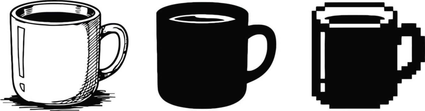 Three black and white coffee mugs with different designs isolated Vector