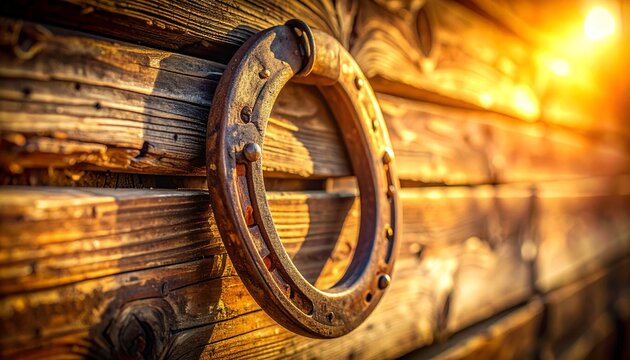 Vintage horseshoe hanging on an old rustic wooden barn at golden hour sunset Calgary Stampede