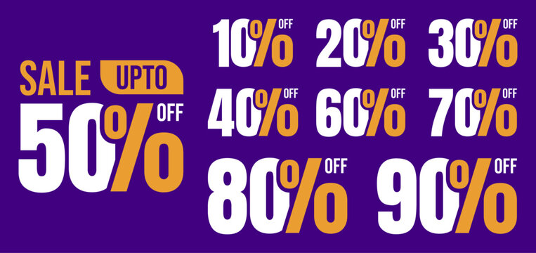 Sale banner template vector collection 10 to 90 percent off. Mega sale discount tags and labels for fashion shopping promotion. Retail marketing price off graphic element set. Discount numbers.