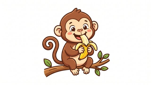 Cute cartoon monkey sitting on tree branch eating banana. Happy baby monkey vector illustration, kawaii animal character, flat style, isolated.