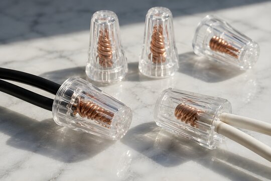 Detailed Close Up View Of Clear Plastic Wire Nuts Showcasing Twisted Copper Splice In Daylight