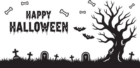 Happy halloween greeting card design with spooky cemetery tree bats and bones illustration © Mahafuz