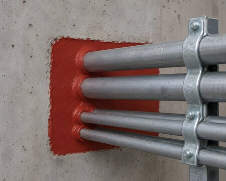 Crimson Red Fire Barrier Sealant Caulked Neatly Around Electrical Conduits Passing Concrete Firewall Safety Insulation