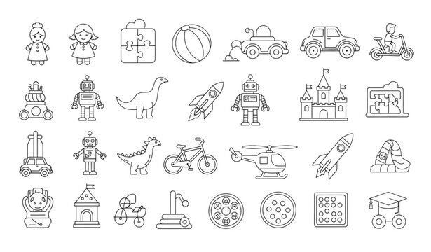 Modern toys and playtime outline icon collection vector design