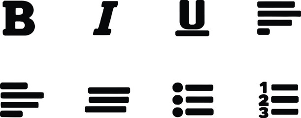 Large letter b i u and numbered list with bullet points and fractions for text formatting Vector © MstSabrina