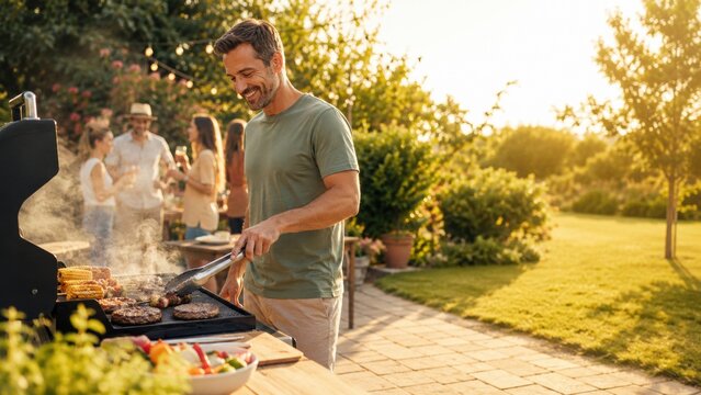 Man grilling burgers on a barbecue in a backyard during a sunny day, with friends socializing and enjoying food in the background, vibrant greenery and patio visible