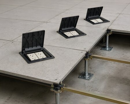 Pop Up Floor Outlets Installed In Unfinished Raised Access Flooring System For Commercial Construction Project