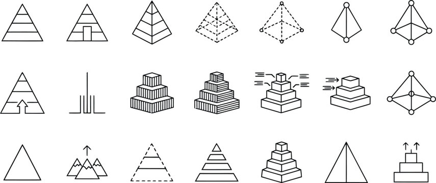 Set of geometric shapes and pyramids with different structures and styles Vector