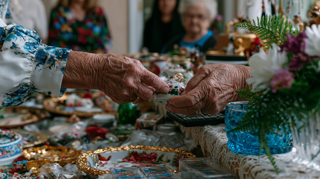 Weathered hands of an estate sale organizer price a ceramic figurine among cluttered tabletops of someone's lifetime belongings, family members visible in doorway watching quietly, overcast light th