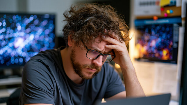 Astrophysics postdoctoral researcher frustratedly reviews a long-exposure telescope image of a galaxy cluster obscured by a dense trail of low-orbit broadband satellites, publication deadline calend