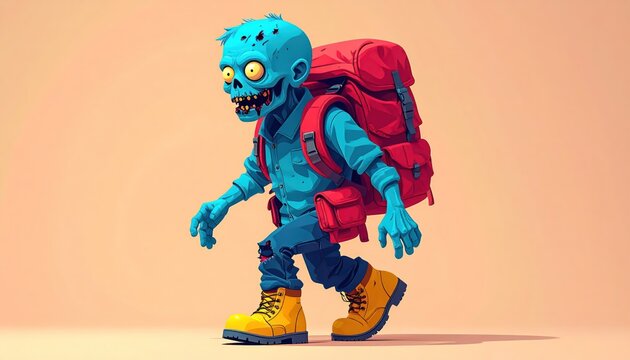 Cartoon Zombie Hiker with Backpack, Walking Towards Adventure, Isolated on Beige Background.