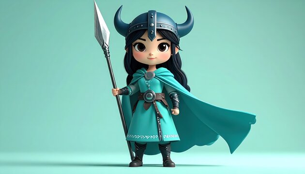 Charming Cartoon Viking Warrior with Spear and Horned Helmet on Teal Background.