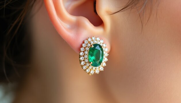 Close up macro photo of elegant emerald and diamond earrings on a woman earlobe. Luxurious fine jewelry, precious gemstone accessory adds sparkle and prestige.