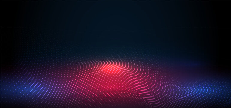 Futuristic technology background featuring flowing particle waves made of glowing pink, purple, and blue dots on a dark gradient backdrop. The dynamic digital landscape symbolizes Ai