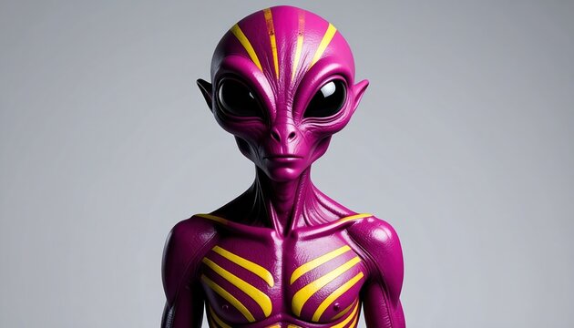 Intriguing Purple Alien Figure with Striking Yellow Stripes and Large Eyes, Front View.