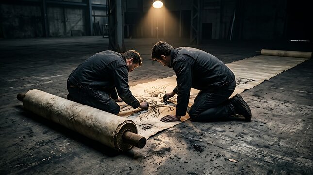 Artists drawing on a long parchment scroll in a dark industrial space